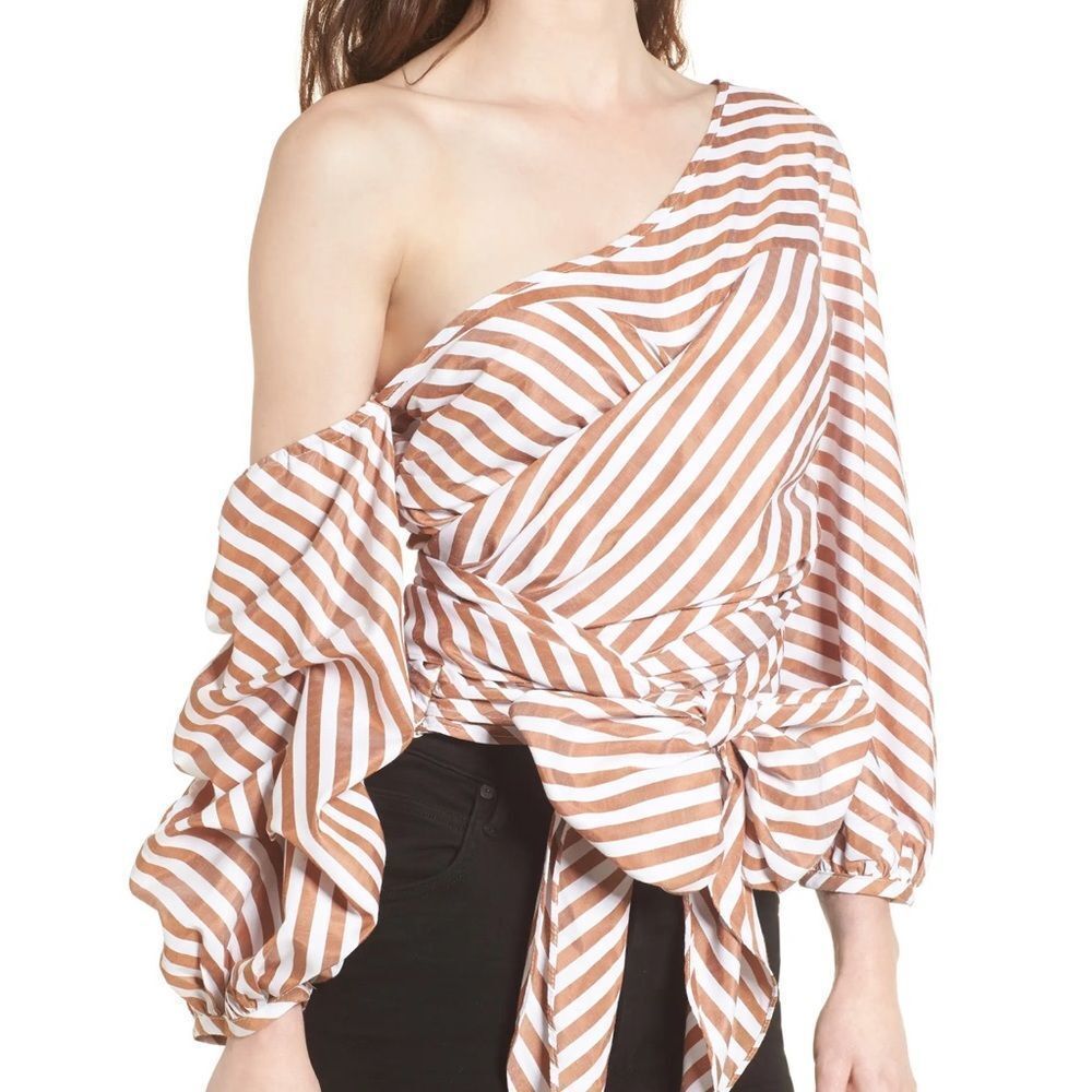 NWT StyleKeepers Wrap Me in Love One-Shoulder Top Size M Brown & White Striped